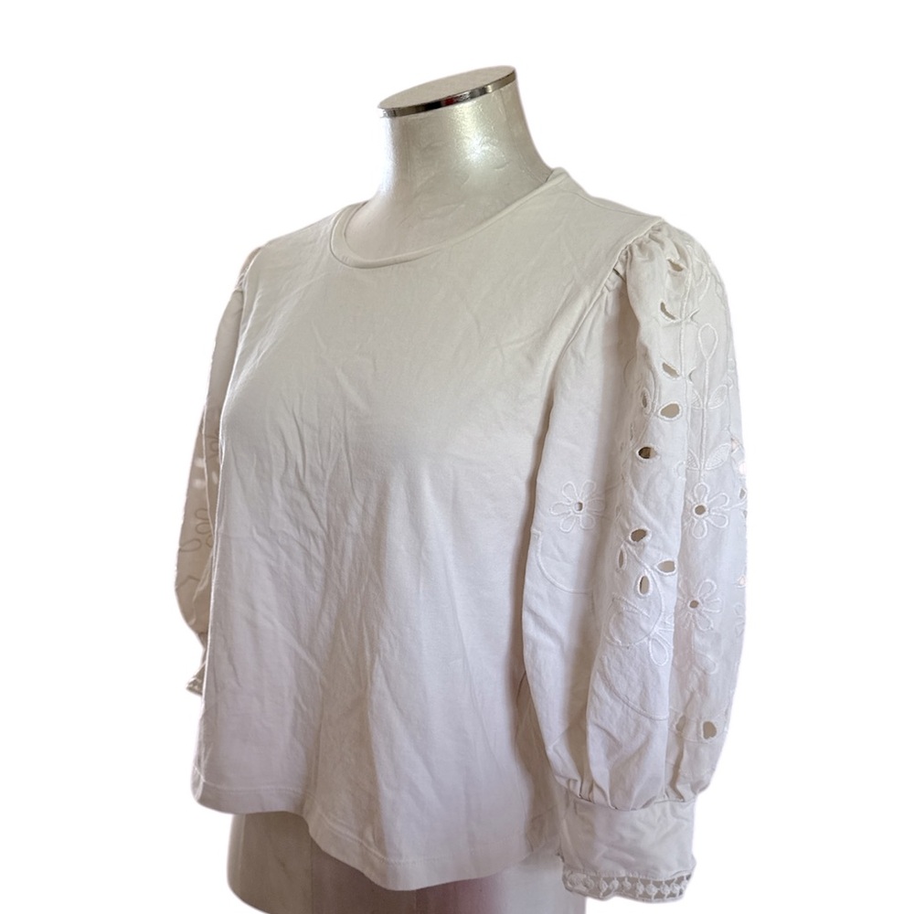 Honey Women’s Cotton Top With Puff Floral eyelet Statement Sleeves Cream…